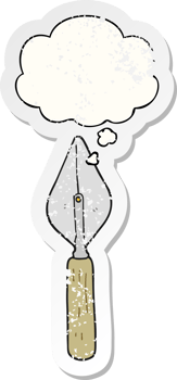 cartoon trowel with thought bubble as a distressed worn sticker png