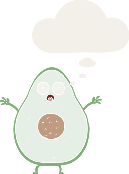 cartoon avocado with thought bubble in retro style png