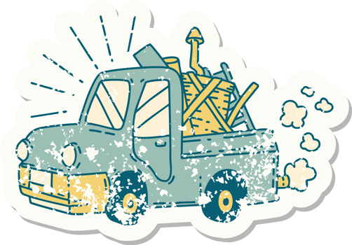 worn old sticker of a tattoo style truck carrying junk png