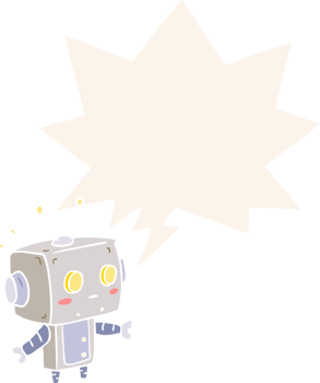 cute cartoon surprised robot with speech bubble in retro style png