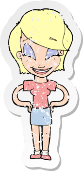 retro distressed sticker of a cartoon woman with hands on hips drawing png