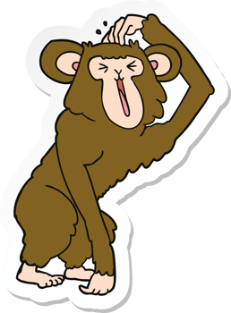 sticker of a cartoon chimp scratching head png