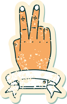grunge sticker of a victory v hand gesture with banner png