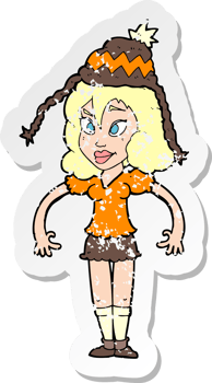 retro distressed sticker of a cartoon woman wearing hat png