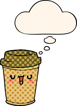 cartoon take out coffee with thought bubble in comic book style png
