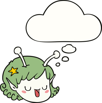 cartoon alien space girl face with thought bubble png