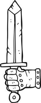 hand drawn black and white cartoon hand holding sword png