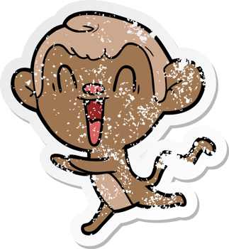 distressed sticker of a cartoon laughing monkey png