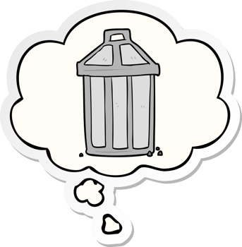 cartoon garbage can with thought bubble as a printed sticker png