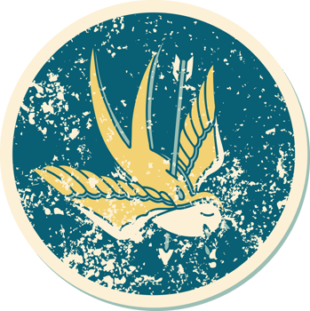 iconic distressed sticker tattoo style image of a swallow pierced by arrow png