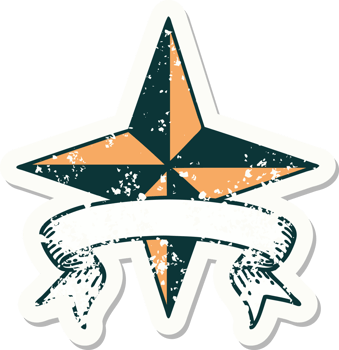 worn old sticker with banner of a star png