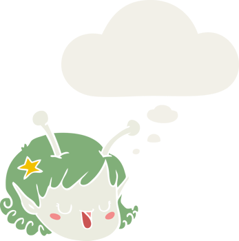 cartoon alien space girl face with thought bubble in retro style png