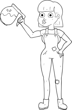 hand drawn black and white cartoon woman in dungarees with coffee png