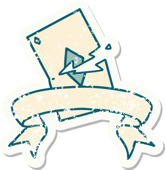 worn old sticker with banner of a torn card png
