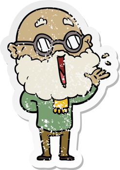 distressed sticker of a cartoon joyful man with beard png