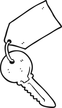hand drawn black and white cartoon key with tag png