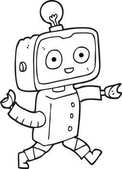 hand drawn black and white cartoon robot png