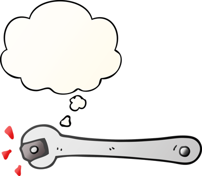 cartoon spanner turning nut with thought bubble in smooth gradient style png
