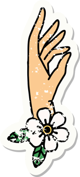 distressed sticker tattoo in traditional style of a hand and flower png