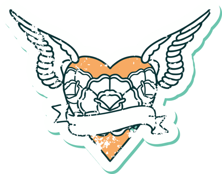 iconic distressed sticker tattoo style image of heart with wings flowers and banner png