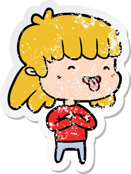 distressed sticker of a cartoon girl sticking out tongue png
