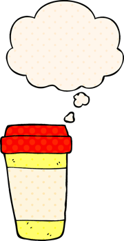 cartoon coffee cup with thought bubble in comic book style png