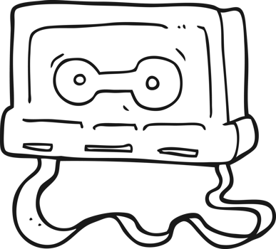hand drawn black and white cartoon cassette tape png