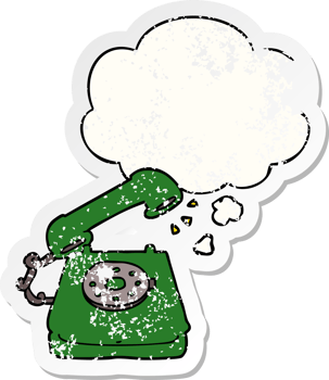 cartoon old telephone with thought bubble as a distressed worn sticker png