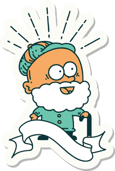 sticker of a tattoo style happy old man with walking stick png