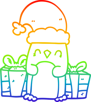 rainbow gradient line drawing of a cute christmas penguin png