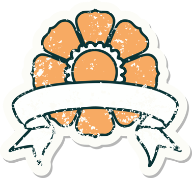 worn old sticker with banner of a flower png