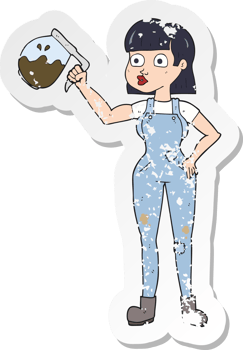 retro distressed sticker of a cartoon woman in dungarees with coffee png