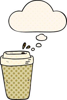 cartoon coffee cup with thought bubble in comic book style png