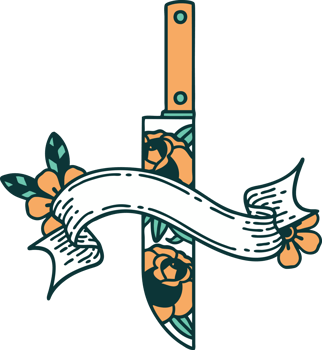 traditional tattoo with banner of a dagger and flowers png
