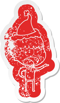 quirky cartoon distressed sticker of a shocked man wearing santa hat png