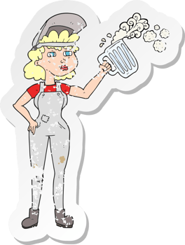 retro distressed sticker of a cartoon hard working woman with beer png