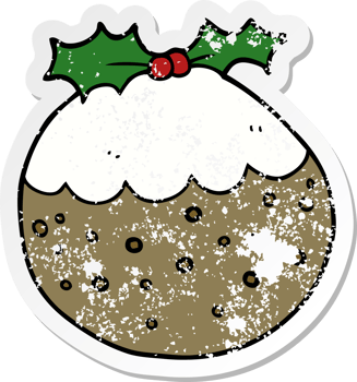 distressed sticker of a cartoon christmas pudding png