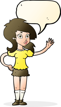 cartoon pretty woman waving for attention with speech bubble png