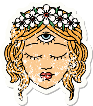 distressed sticker tattoo in traditional style of female face with third eye and crown of flowers png
