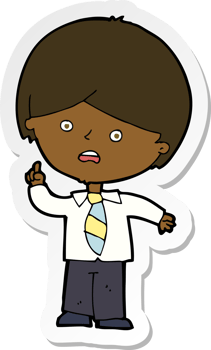 sticker of a cartoon worried school boy raising hand png