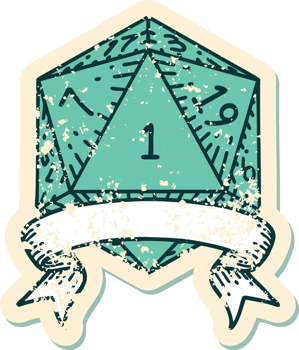 Retro Tattoo Style natural one d20 dice roll png