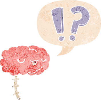 cartoon curious brain with speech bubble in grunge distressed retro textured style png
