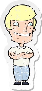 retro distressed sticker of a cartoon grinning man drawing png