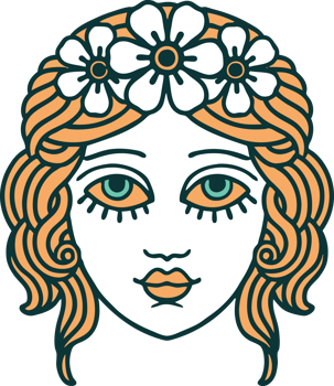 iconic tattoo style image of female face with crown of flowers png