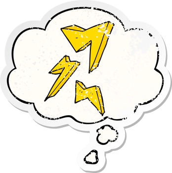 cartoon lightning bolt with thought bubble as a distressed worn sticker png