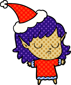 hand drawn comic book style illustration of a elf girl wearing santa hat png