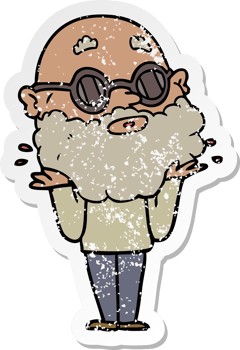distressed sticker of a cartoon curious man with beard and sunglasses png