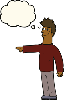 cartoon happy pointing man with thought bubble png