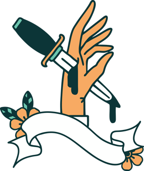 traditional tattoo with banner of a dagger in the hand png
