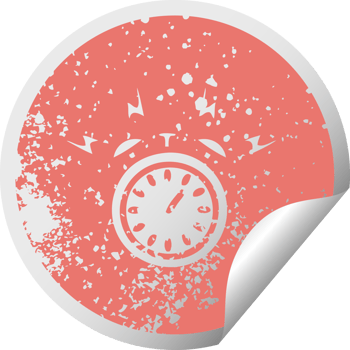 distressed circular peeling sticker symbol of a ringing alarm clock png